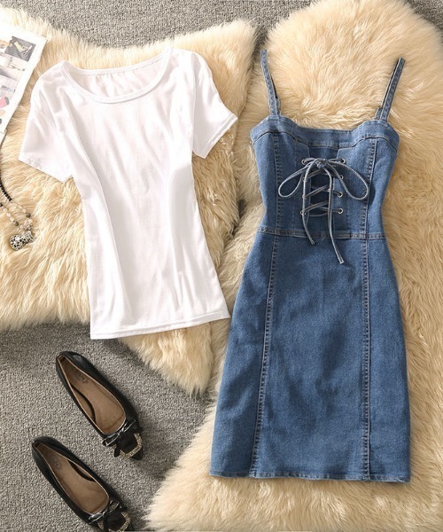 Mejoul（メジュール）の「ストレッチデニムレースアップリボンキャミミニワンピース（ワンピース・レディース・ブルー/ブラック・F）」の18枚目の写真