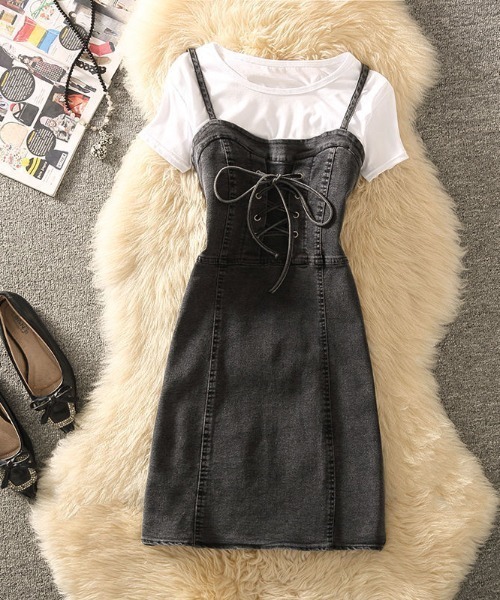Mejoul（メジュール）の「ストレッチデニムレースアップリボンキャミミニワンピース（ワンピース・レディース・ブルー/ブラック・F）」の17枚目の写真