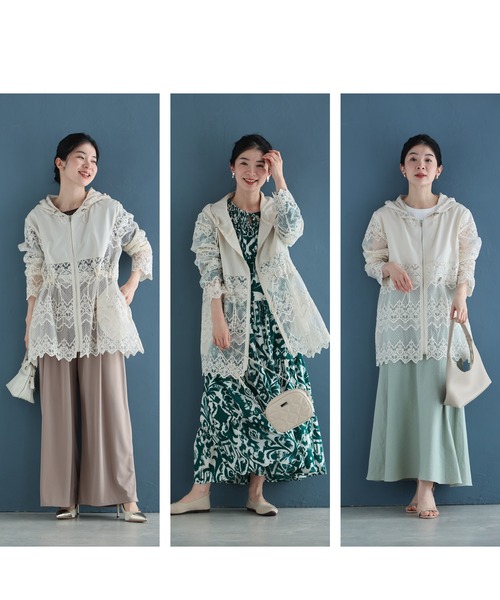 ウエスト絞れるレース柄刺繍のベールパーカー（パーカー