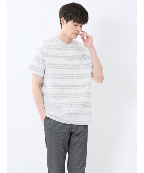 m.f.editorial(エムエフエディトリアル)の「m.f.エディトリアル メンズ メッシュボーダー クルーネック 半袖 Tシャツ(Tシャツ/カットソー・メンズ・ライトグレー/ネイビー・MEDIUM/X-LARGE/LARGE)」の2枚目の写真