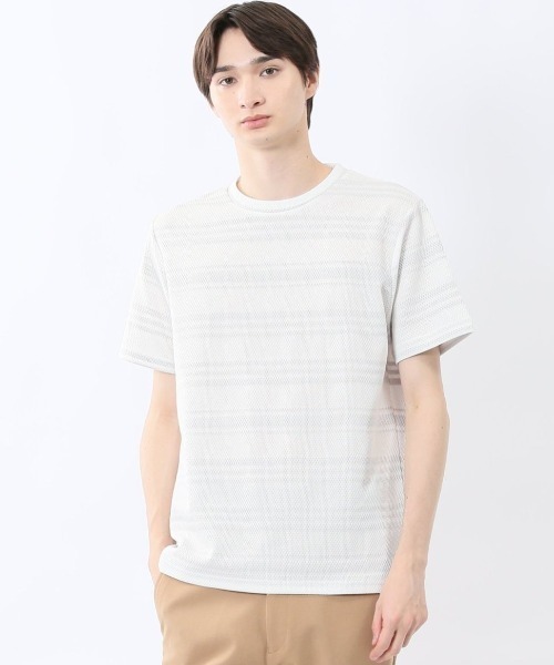 m.f.editorial(エムエフエディトリアル)の「m.f.エディトリアル メンズ メッシュボーダー クルーネック 半袖 Tシャツ(Tシャツ/カットソー・メンズ・ライトグレー/ネイビー・MEDIUM/X-LARGE/LARGE)」の1枚目の写真