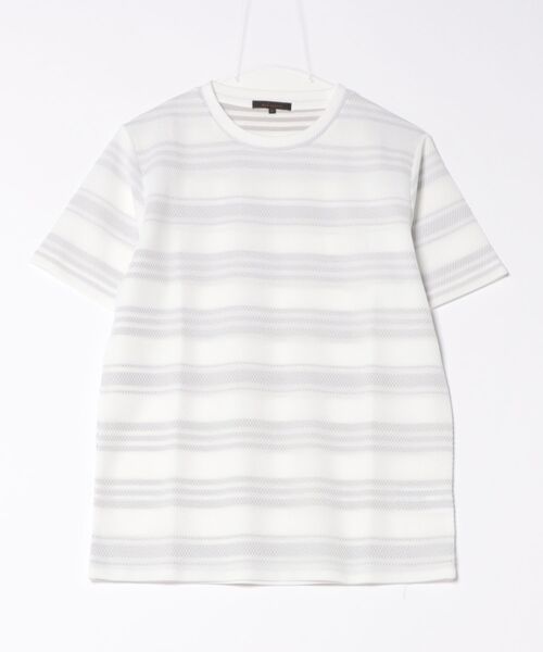 m.f.editorial(エムエフエディトリアル)の「m.f.エディトリアル メンズ メッシュボーダー クルーネック 半袖 Tシャツ(Tシャツ/カットソー・メンズ・ライトグレー/ネイビー・MEDIUM/X-LARGE/LARGE)」の4枚目の写真