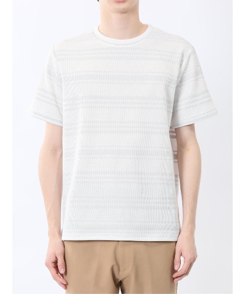 m.f.editorial(エムエフエディトリアル)の「m.f.エディトリアル メンズ メッシュボーダー クルーネック 半袖 Tシャツ(Tシャツ/カットソー・メンズ・ライトグレー/ネイビー・MEDIUM/X-LARGE/LARGE)」の8枚目の写真