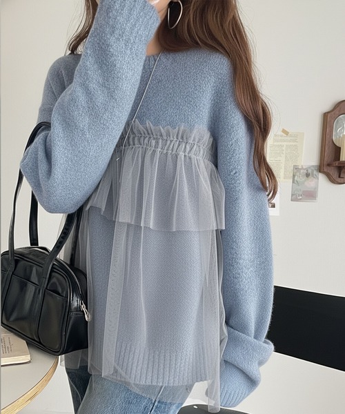 classicalelf(クラシカルエルフ)の「大人の女性にぴったり!チュールドッキングボリュームスリーブニット(長袖)(ニット/セーター・レディース・ブラウン/ブルー/ブラック/チャコール/ベージュ・X-LARGE/SMALL/MEDIUM/LARGE)」の5枚目の写真