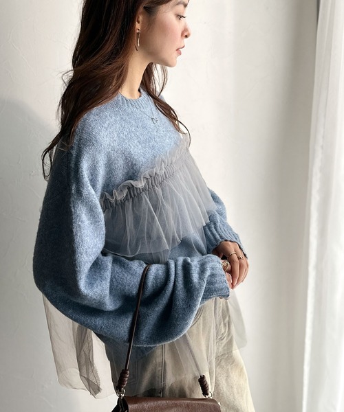 classicalelf(クラシカルエルフ)の「大人の女性にぴったり!チュールドッキングボリュームスリーブニット(長袖)(ニット/セーター・レディース・ブラウン/ブルー/ブラック/チャコール/ベージュ・X-LARGE/SMALL/MEDIUM/LARGE)」の9枚目の写真