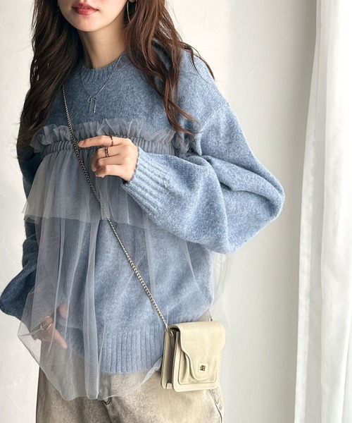 classicalelf(クラシカルエルフ)の「大人の女性にぴったり!チュールドッキングボリュームスリーブニット(長袖)(ニット/セーター・レディース・ブラウン/ブルー/ブラック/チャコール/ベージュ・X-LARGE/SMALL/MEDIUM/LARGE)」の8枚目の写真