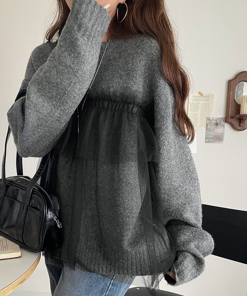 classicalelf(クラシカルエルフ)の「大人の女性にぴったり!チュールドッキングボリュームスリーブニット(長袖)(ニット/セーター・レディース・ブラウン/ブルー/ブラック/チャコール/ベージュ・X-LARGE/SMALL/MEDIUM/LARGE)」の11枚目の写真