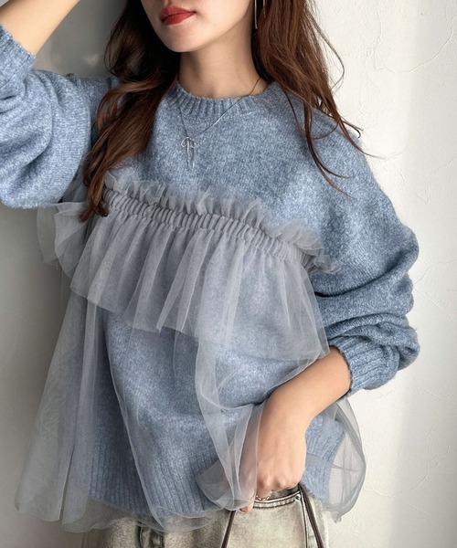 classicalelf(クラシカルエルフ)の「大人の女性にぴったり!チュールドッキングボリュームスリーブニット(長袖)(ニット/セーター・レディース・ブラウン/ブルー/ブラック/チャコール/ベージュ・X-LARGE/SMALL/MEDIUM/LARGE)」の13枚目の写真