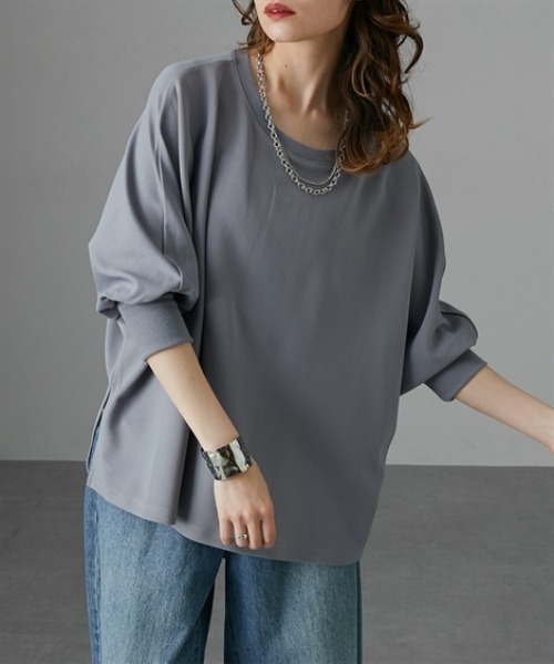 Soiunique（スワユニーク）の「カットジョーゼットゆったりサイズドルマンリブ使いトップス　［Soiunique］（Tシャツ/カットソー・レディース・ブラック/オフホワイト/ブルー・M/L/LL）」の3枚目の写真