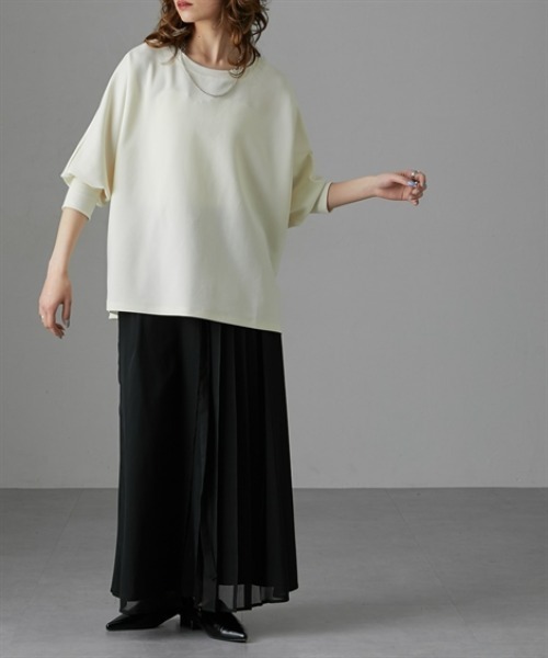 Soiunique（スワユニーク）の「カットジョーゼットゆったりサイズドルマンリブ使いトップス　［Soiunique］（Tシャツ/カットソー・レディース・ブラック/オフホワイト/ブルー・M/L/LL）」の6枚目の写真