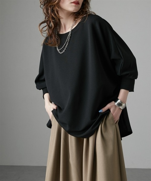 Soiunique（スワユニーク）の「カットジョーゼットゆったりサイズドルマンリブ使いトップス　［Soiunique］（Tシャツ/カットソー・レディース・ブラック/オフホワイト/ブルー・M/L/LL）」の9枚目の写真