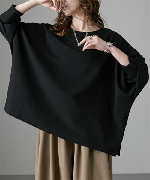 Soiunique（スワユニーク）の「カットジョーゼットゆったりサイズドルマンリブ使いトップス　［Soiunique］（Tシャツ/カットソー・レディース・ブラック/オフホワイト/ブルー・M/L/LL）」の10枚目の写真