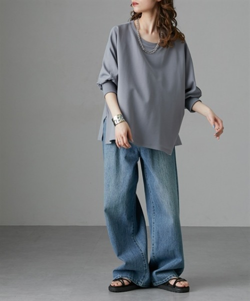 Soiunique（スワユニーク）の「カットジョーゼットゆったりサイズドルマンリブ使いトップス　［Soiunique］（Tシャツ/カットソー・レディース・ブラック/オフホワイト/ブルー・M/L/LL）」の15枚目の写真