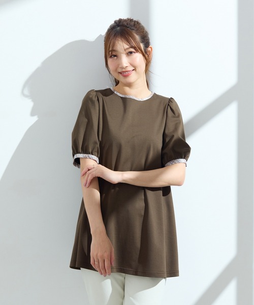 Rose Tiara(ローズティアラ)の「【手洗い可】チェック切替カットソー(Tシャツ/カットソー・レディース・ブラウン/ネイビー・46/42/40)」の3枚目の写真