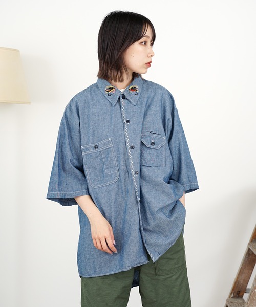 CAL O LINE（キャルオーライン）の「CAL O LINE/キャルオーライン KENDAI CHAMBRAY S/S SHIRT シャツ 刺繍（シャツ/ブラウス・レディース・ブルー系1・XL/L）」の4枚目の写真