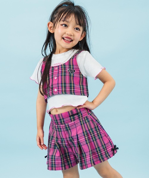 ANAP kids(アナップキッズ)の「チェック柄ビスチェ×メローTシャツ SET 【セットアップ着用可】(Tシャツ/カットソー・キッズ・ラベンダー/ライトピンク・110cm/120cm/130cm)」の1枚目の写真
