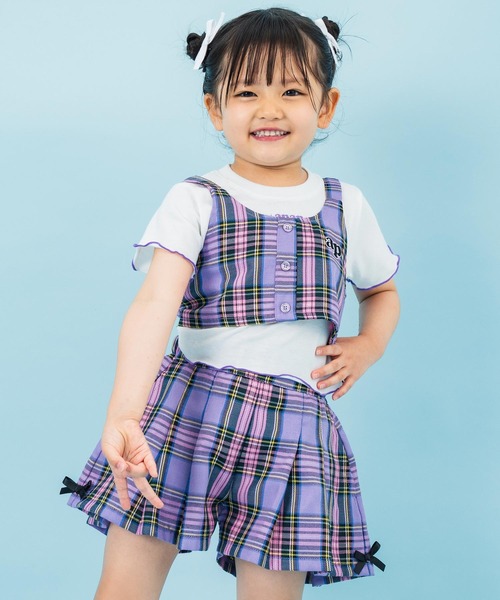 新品◆完売 アナスイミニ チェックビスチェ Tシャツ 2点セット 130 チェックビスチェ+長袖Tシャツセット(120cm サックス): キッズ