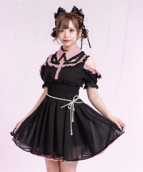 Diable baiser（ディアブルベーゼ）の「ミニ丈/ロング丈肌魅せウエストシャーリングフレアシフォンワンピース【大きいサイズ有】（シャツワンピース・レディース・ピンク系その他/ブラック/ベビーピンク/ブラック系その他・3L/LL/LARGE/MEDIUM/SMALL）」の3枚目の写真