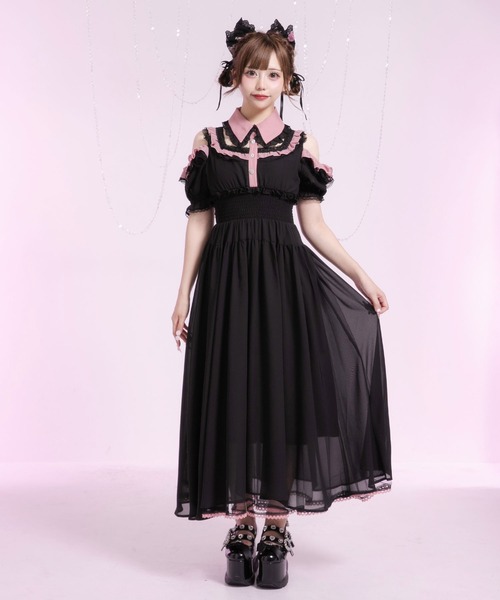 Diable baiser（ディアブルベーゼ）の「ミニ丈/ロング丈肌魅せウエストシャーリングフレアシフォンワンピース【大きいサイズ有】（シャツワンピース・レディース・ピンク系その他/ブラック/ベビーピンク/ブラック系その他・3L/LL/LARGE/MEDIUM/SMALL）」の4枚目の写真
