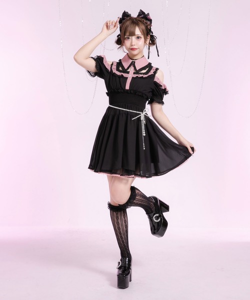 Diable baiser（ディアブルベーゼ）の「ミニ丈/ロング丈肌魅せウエストシャーリングフレアシフォンワンピース【大きいサイズ有】（シャツワンピース・レディース・ピンク系その他/ブラック/ベビーピンク/ブラック系その他・3L/LL/LARGE/MEDIUM/SMALL）」の5枚目の写真