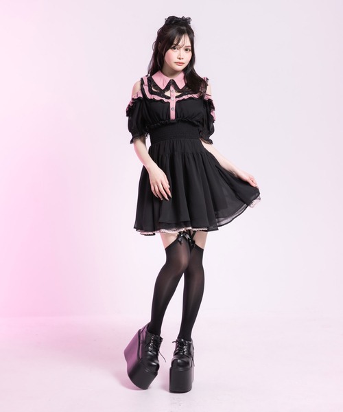Diable baiser（ディアブルベーゼ）の「ミニ丈/ロング丈肌魅せウエストシャーリングフレアシフォンワンピース【大きいサイズ有】（シャツワンピース・レディース・ピンク系その他/ブラック/ベビーピンク/ブラック系その他・3L/LL/LARGE/MEDIUM/SMALL）」の6枚目の写真