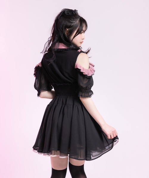 Diable baiser（ディアブルベーゼ）の「ミニ丈/ロング丈肌魅せウエストシャーリングフレアシフォンワンピース【大きいサイズ有】（シャツワンピース・レディース・ピンク系その他/ブラック/ベビーピンク/ブラック系その他・3L/LL/LARGE/MEDIUM/SMALL）」の7枚目の写真