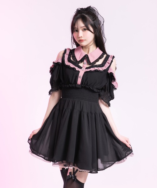 Diable baiser（ディアブルベーゼ）の「ミニ丈/ロング丈肌魅せウエストシャーリングフレアシフォンワンピース【大きいサイズ有】（シャツワンピース・レディース・ピンク系その他/ブラック/ベビーピンク/ブラック系その他・3L/LL/LARGE/MEDIUM/SMALL）」の8枚目の写真