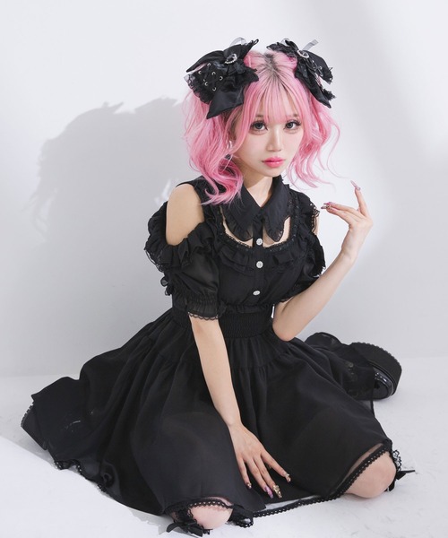 Diable baiser（ディアブルベーゼ）の「ミニ丈/ロング丈肌魅せウエストシャーリングフレアシフォンワンピース【大きいサイズ有】（シャツワンピース・レディース・ピンク系その他/ブラック/ベビーピンク/ブラック系その他・3L/LL/LARGE/MEDIUM/SMALL）」の10枚目の写真