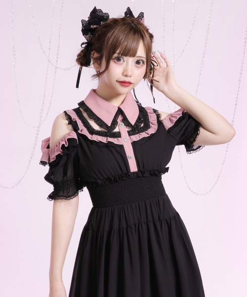 Diable baiser（ディアブルベーゼ）の「ミニ丈/ロング丈肌魅せウエストシャーリングフレアシフォンワンピース【大きいサイズ有】（シャツワンピース・レディース・ピンク系その他/ブラック/ベビーピンク/ブラック系その他・3L/LL/LARGE/MEDIUM/SMALL）」の13枚目の写真
