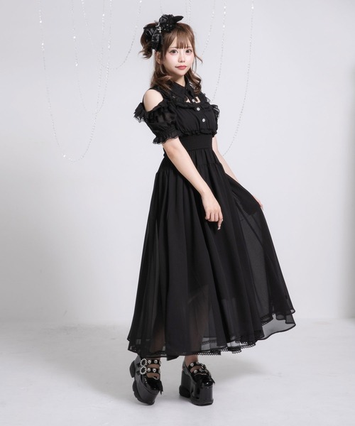 Diable baiser（ディアブルベーゼ）の「ミニ丈/ロング丈肌魅せウエストシャーリングフレアシフォンワンピース【大きいサイズ有】（シャツワンピース・レディース・ピンク系その他/ブラック/ベビーピンク/ブラック系その他・3L/LL/LARGE/MEDIUM/SMALL）」の14枚目の写真