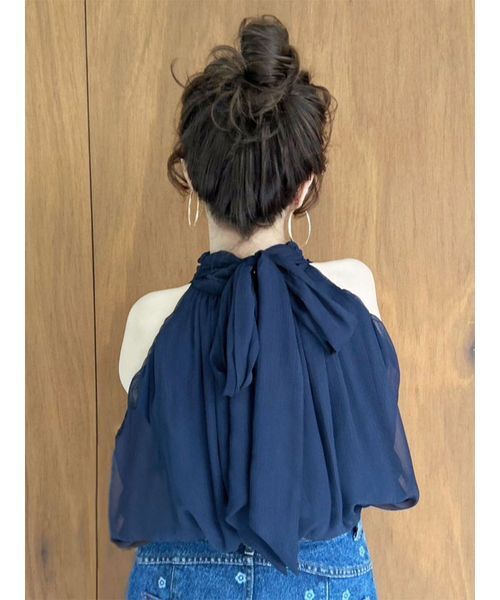 リリーブラウン ドレープボウタイブラウス ネイビー WEB限定カラー】ドレープボウタイシフォンブラウス（シャツ