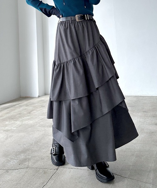 PAGEBOY（ページボーイ）の「ドロティフレアスカート/フリルスカート　【ウエストゴム・ストレスフリー】（スカート・レディース・ブラウン系その他/ブラック/ホワイト系その他/グレー/ブラウン系その他2/ブラック系その他/グリーン・FREE）」の5枚目の写真