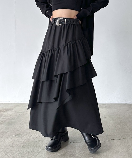 PAGEBOY（ページボーイ）の「ドロティフレアスカート/フリルスカート　【ウエストゴム・ストレスフリー】（スカート・レディース・ブラウン系その他/ブラック/ホワイト系その他/グレー/ブラウン系その他2/ブラック系その他/グリーン・FREE）」の3枚目の写真