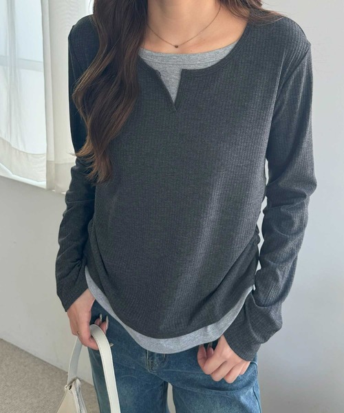 nelliy.（ネルリー）の「バイカラーレイヤード風プルオーバーTシャツ（Tシャツ/カットソー・レディース・グレー/チャコール・LARGE/MEDIUM）」の7枚目の写真