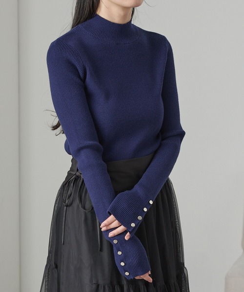 セール】【Cieluna】袖ボタンハイネックリブニットプルオーバー