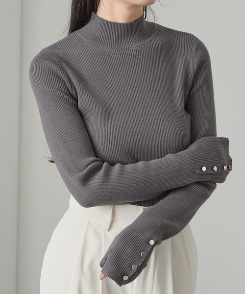 【新品·未使用】m,i,d, バックパールボタンハイネックリブニット セール】【Cieluna】袖ボタンハイネックリブニットプルオーバー
