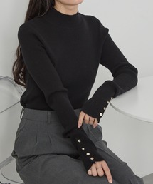 【Cieluna】袖ボタンハイネックリブニットプルオーバー