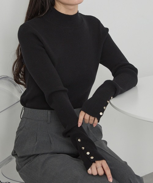 セール】【Cieluna】袖ボタンハイネックリブニットプルオーバー