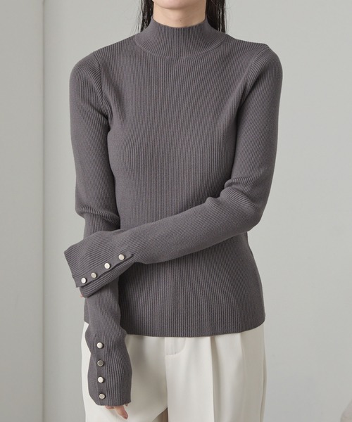 セール】【Cieluna】袖ボタンハイネックリブニットプルオーバー