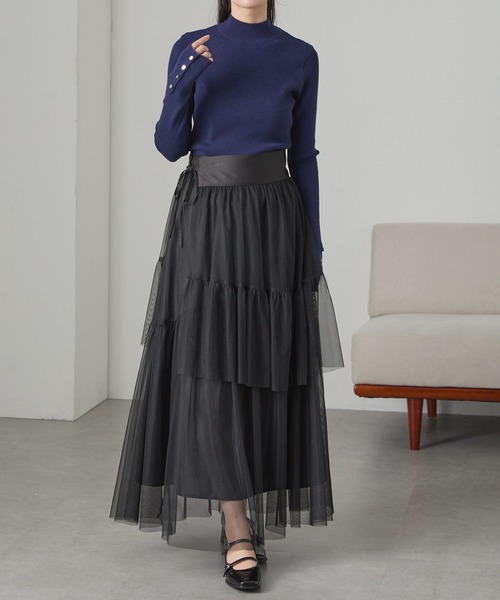 セール】【Cieluna】袖ボタンハイネックリブニットプルオーバー