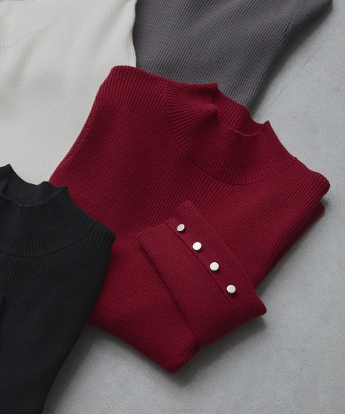 セール】【Cieluna】袖ボタンハイネックリブニットプルオーバー