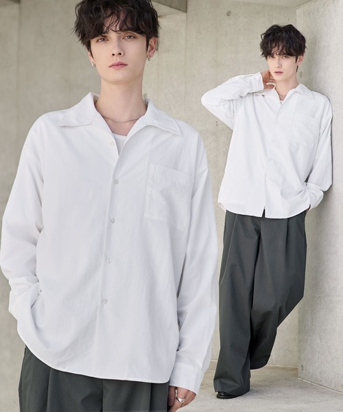 セットアップ 3点セット】綿タッチ長袖オープンカラーシャツ+UネックT