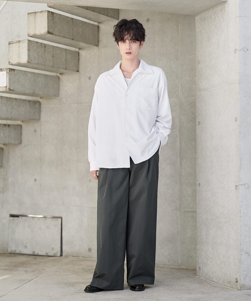 セットアップ 3点セット】綿タッチ長袖オープンカラーシャツ+UネックT