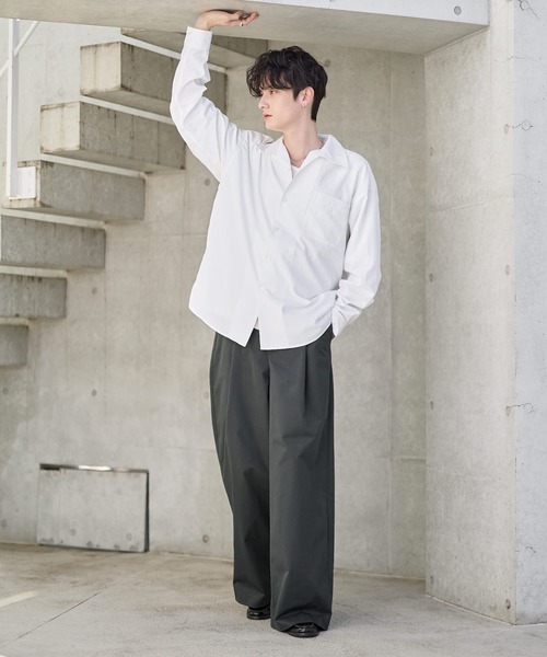 セットアップ 3点セット】綿タッチ長袖オープンカラーシャツ+UネックT