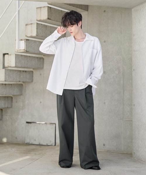 セール】【セットアップ 3点セット】綿タッチ長袖オープンカラーシャツ