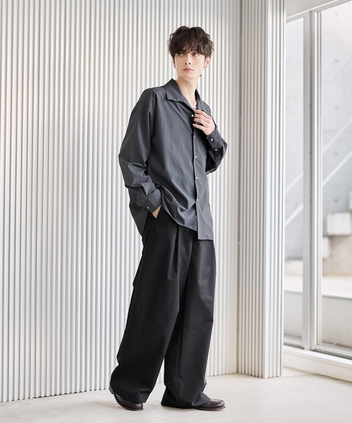 セットアップ 3点セット】綿タッチ長袖オープンカラーシャツ+UネックT