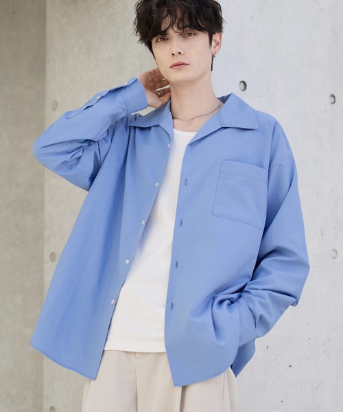 セットアップ 3点セット】綿タッチ長袖オープンカラーシャツ+UネックT