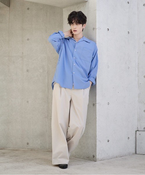 セール】【セットアップ 3点セット】綿タッチ長袖オープンカラーシャツ