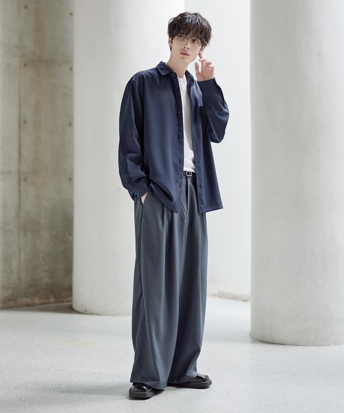 セットアップ 3点セット】防シワリラクシングワイド長袖シャツ+天竺T