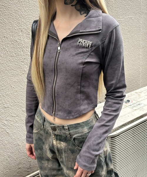 Figments（フィグメンツ）の「メタルバッジZIP UP長袖トップ（Tシャツ/カットソー・レディース・ブラック/チャコールグレー・FREE）」の3枚目の写真